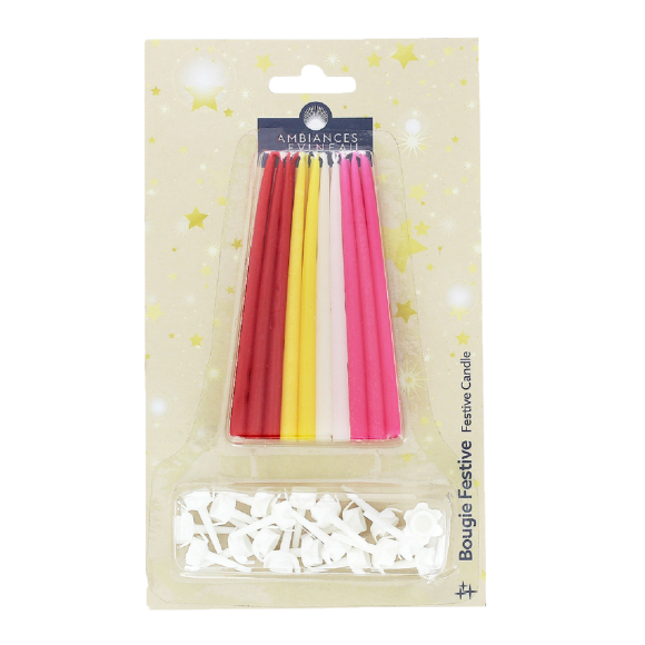 Bougies anniversaire 20 pièces assorties (rouge, jaune, blanc, rose)