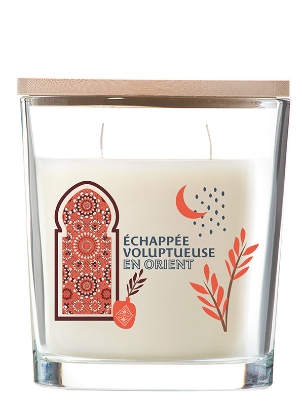 Bougie verre ovale avec couvercle bambou 30h Ambre d'Orient