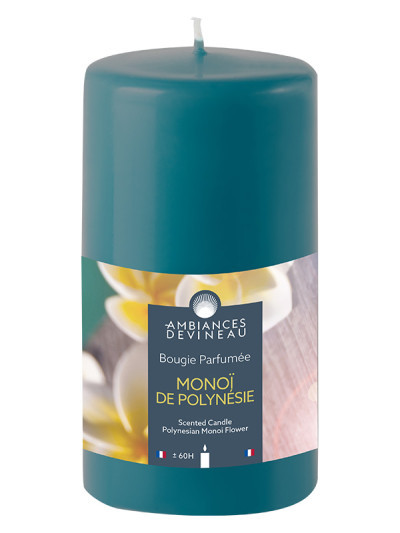 Bougie parfumée cylindrique Bleu Lagon 60h Monoï de Polynésie | AMBIANCES DEVINEAU